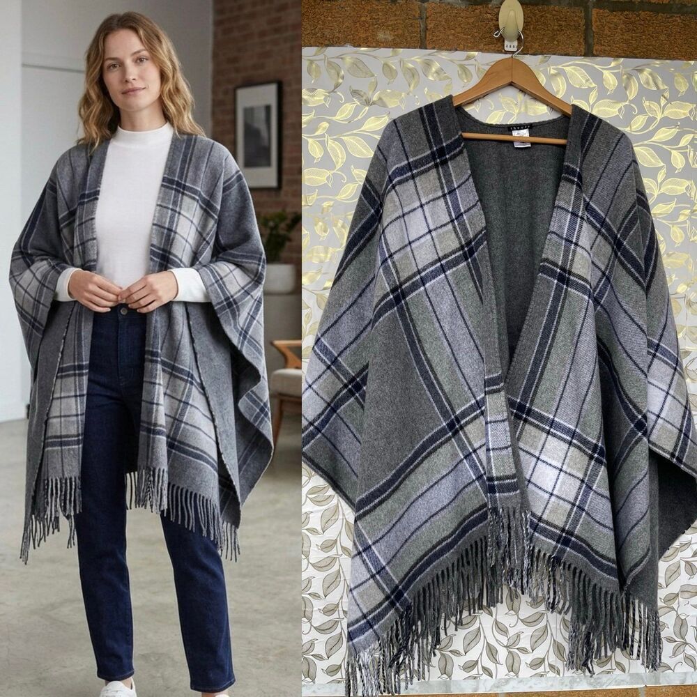 Theory SAIOME Plaid Fringed Poncho Cape Coat - Italian Wool Blend - Size P/S